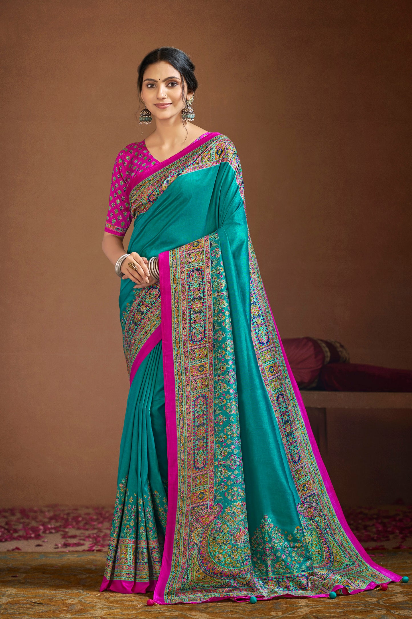 Kumuda - Turquoise Mysore Silk Jari Printed Saree with Tassels