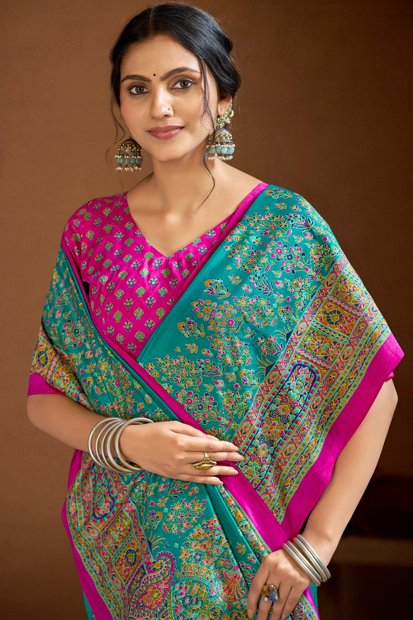 Kumuda - Turquoise Mysore Silk Jari Printed Saree with Tassels