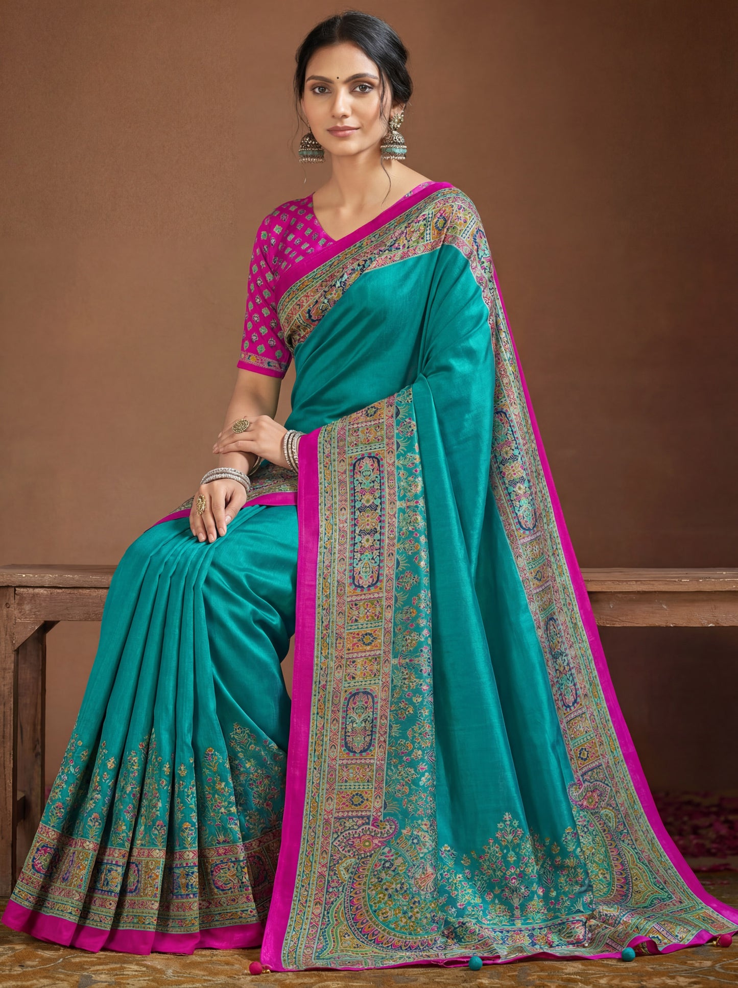 Kumuda - Turquoise Mysore Silk Jari Printed Saree with Tassels