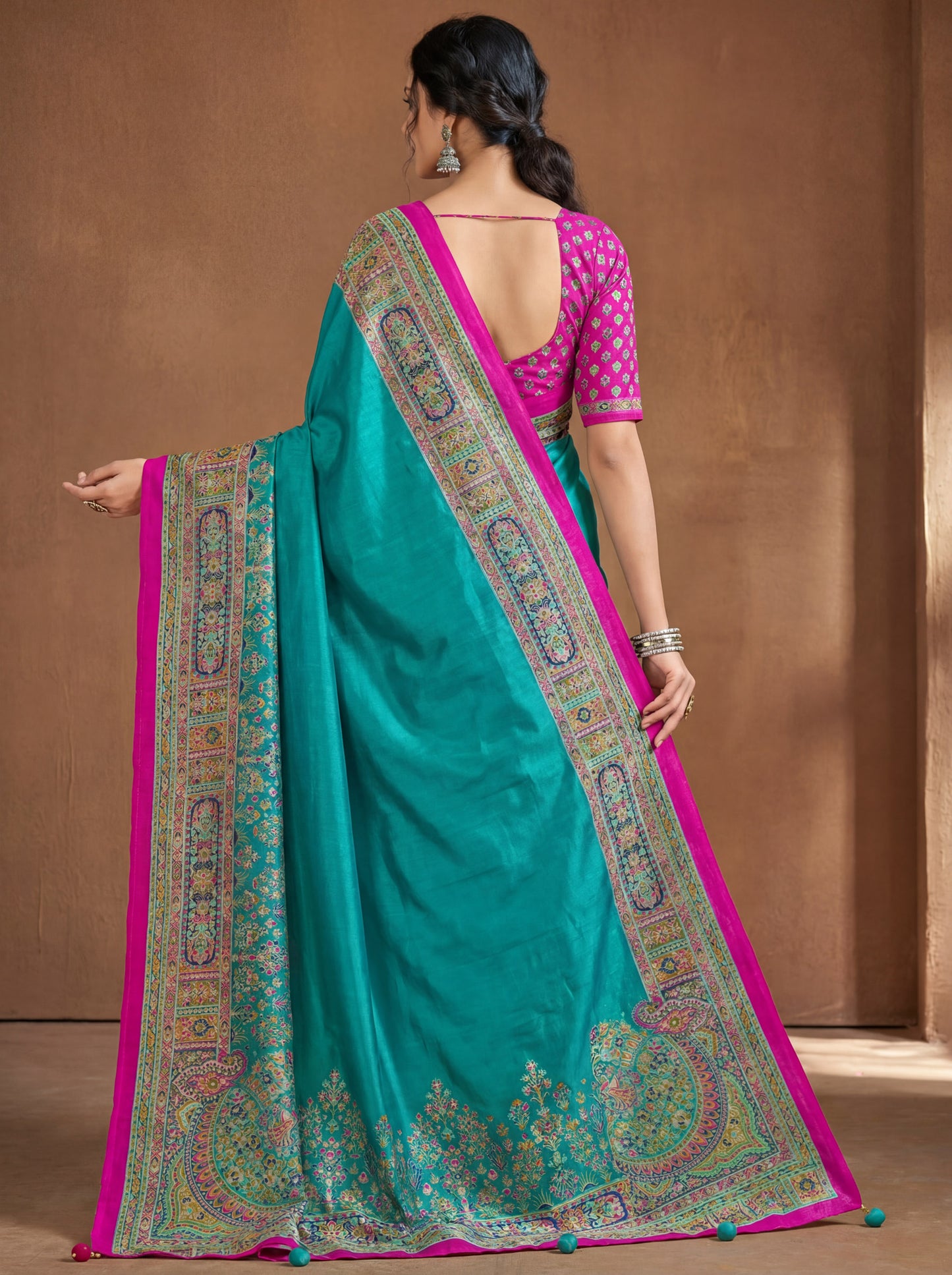 Kumuda - Turquoise Mysore Silk Jari Printed Saree with Tassels