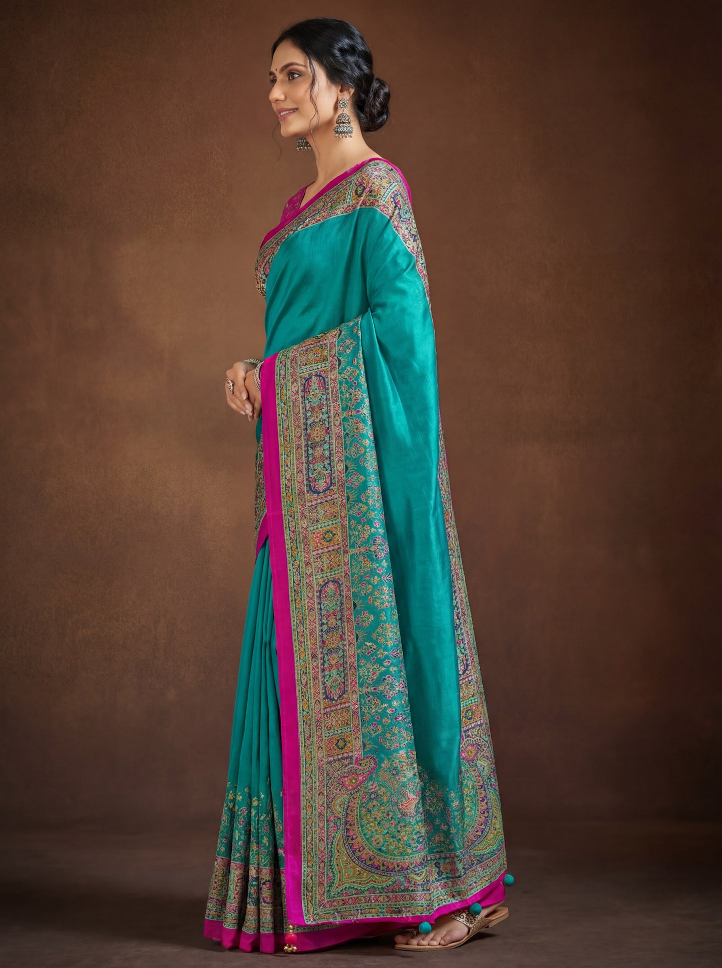 Kumuda - Turquoise Mysore Silk Jari Printed Saree with Tassels