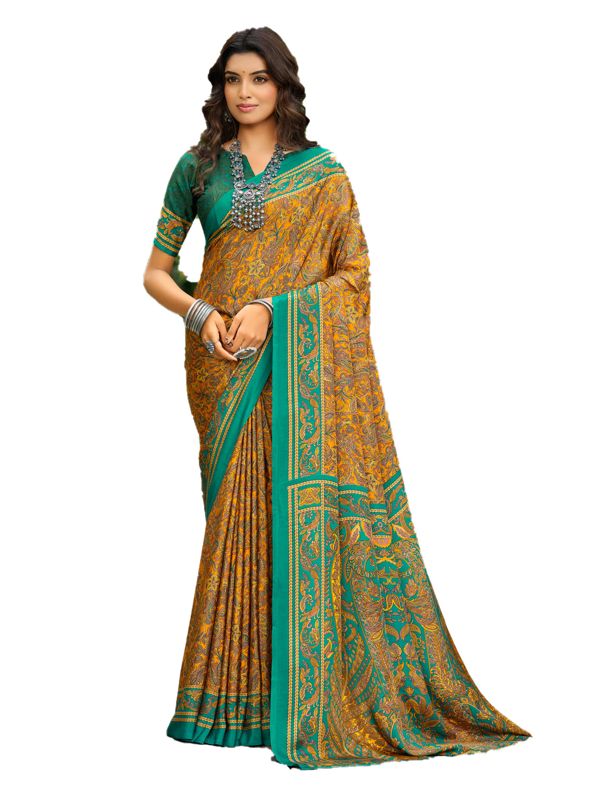 Mustard Ochre Poly Crepe saree 95204 view 6