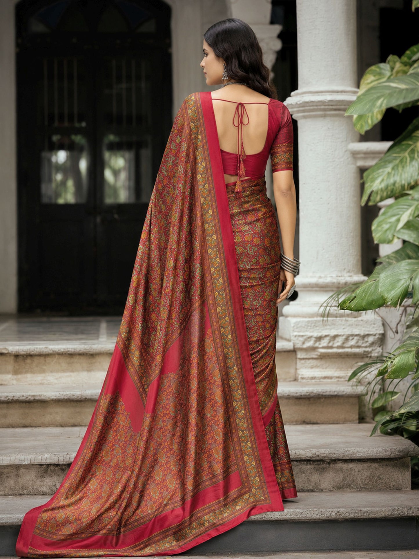 Rajkala - Fire Red Printed Crepe Silk Saree