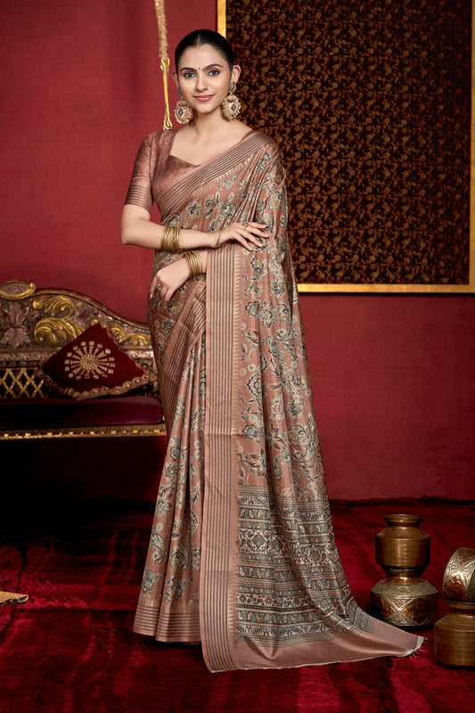 Veera - Rose Brown Soft Silk Digital Printed Saree with Woven Border