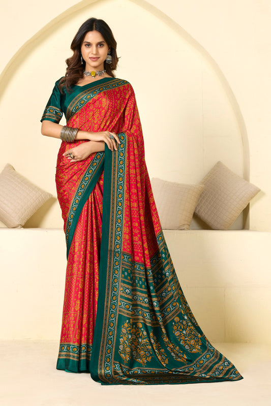 Rajkala - Red Floral Printed Crepe Silk Saree