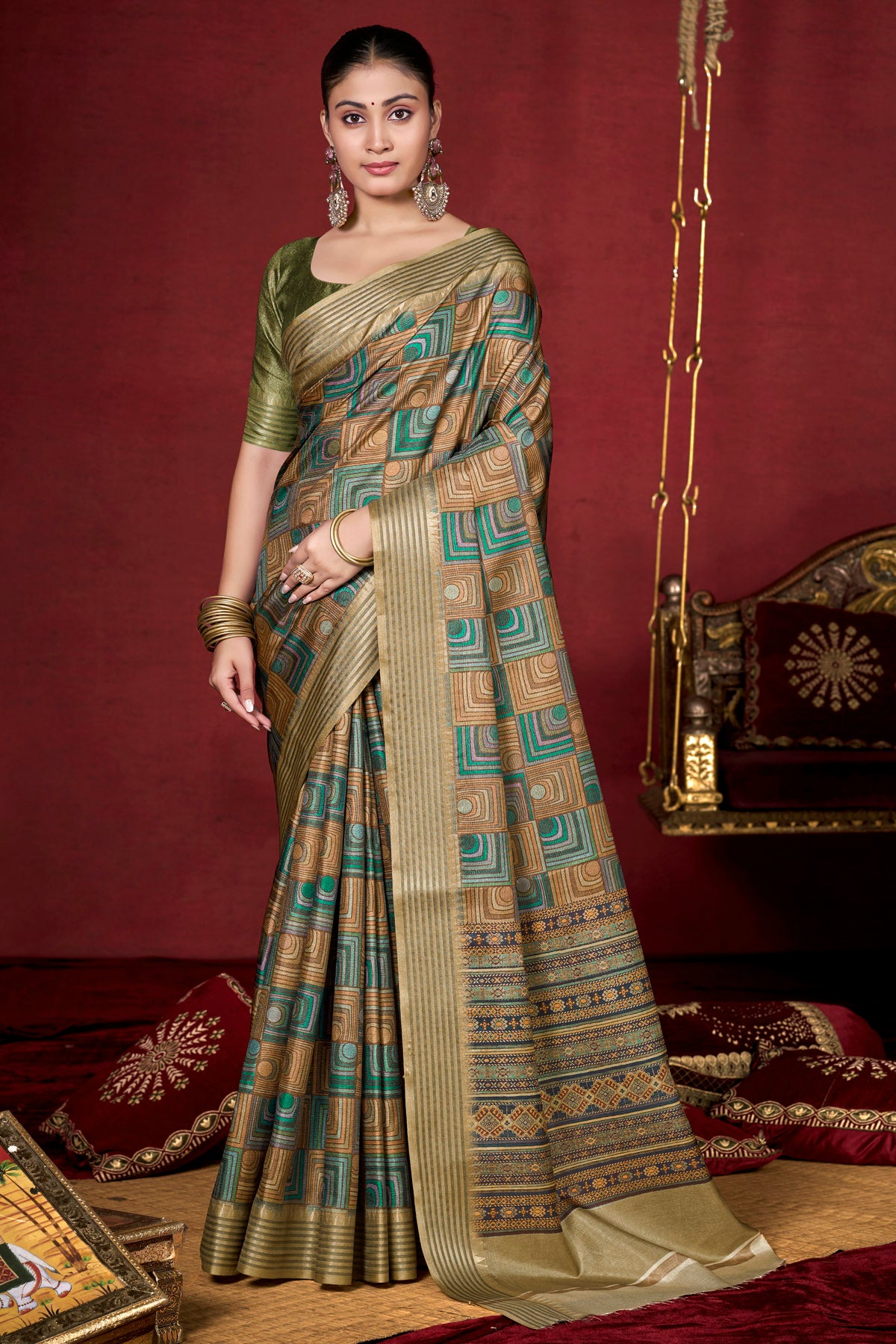 Veera - Green Soft Silk Digital Printed Saree with Woven Border