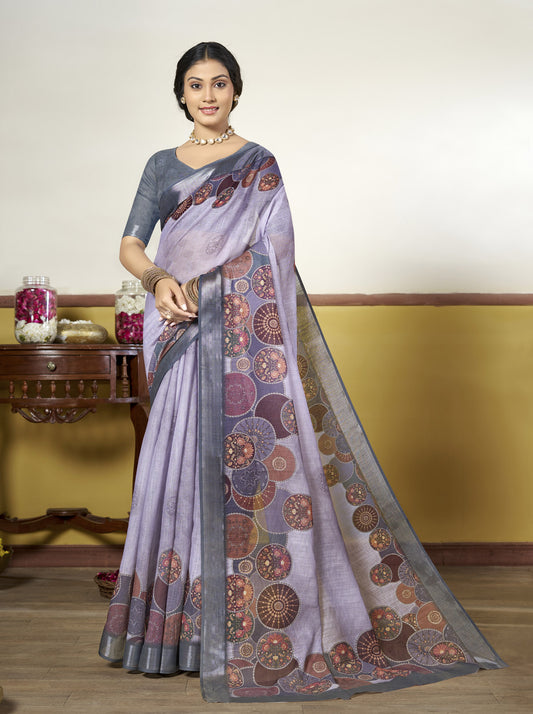 Rachna - Violet Linen Digital Print Saree with Woven Border