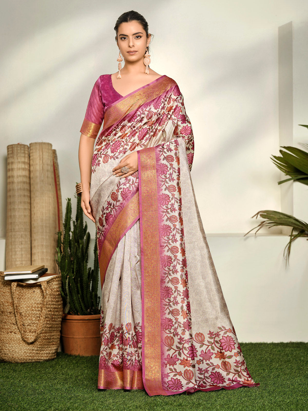 Varnika - Cream Digital Printed Moss Georgette Saree with Woven Border