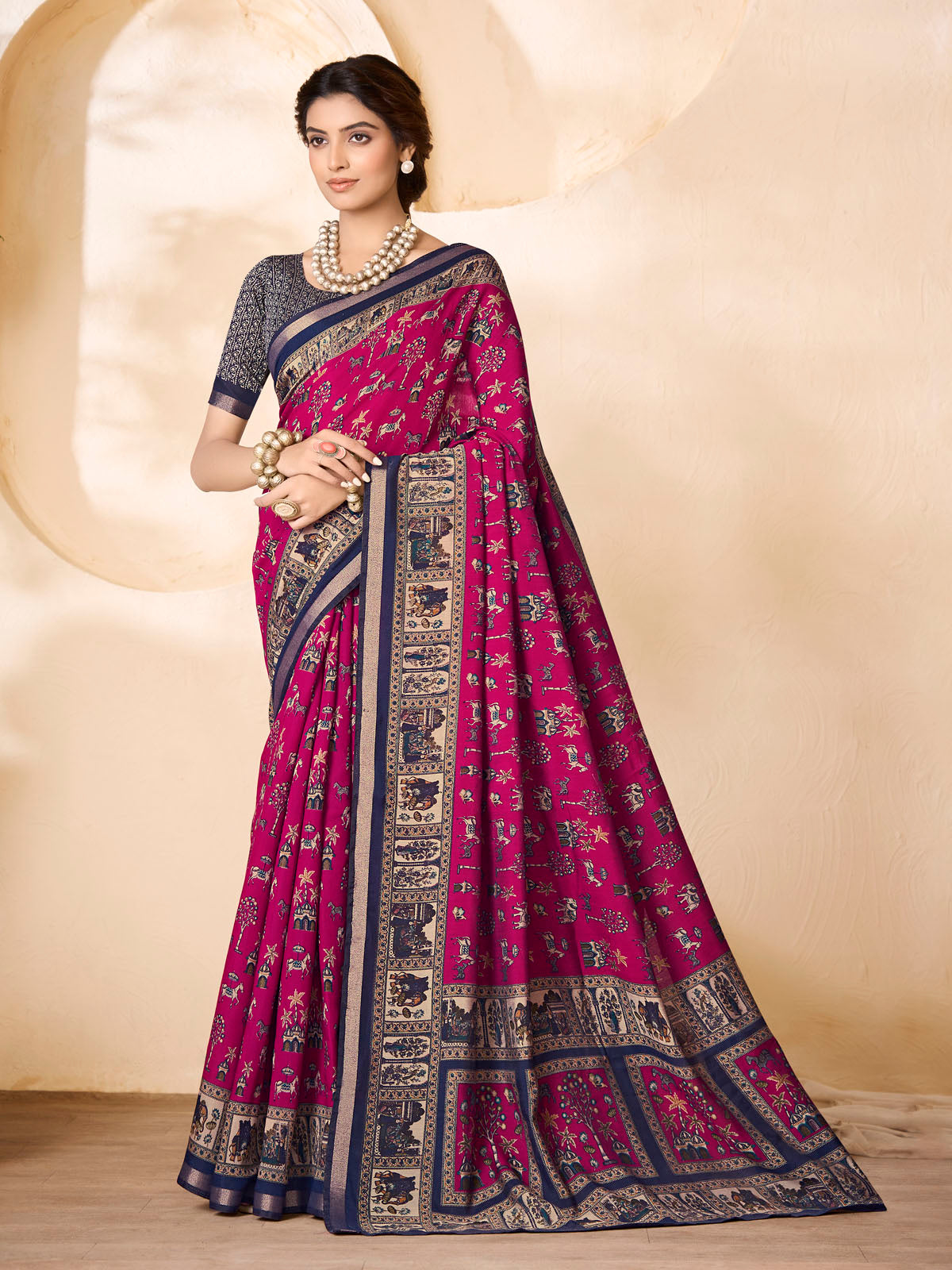 Monalisa - Pink Chanderi Cotton Printed Saree with Classic Folk Art Print