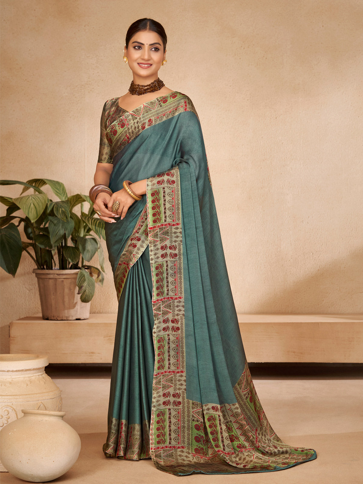 Ekvarna - Sea Green Printed Chiffon Saree