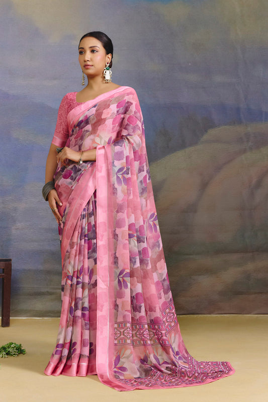 Samriddhi - Mauve Moss Georgette Digital Print Saree with Satin Patta Border