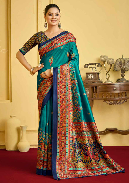 Kumuda - Turquoise Silk Printed Saree with Delicate Foil Work