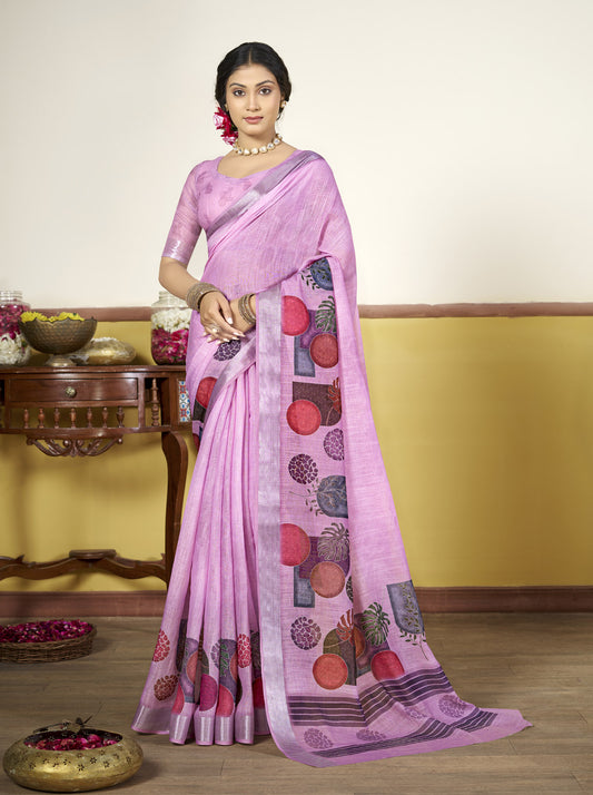 Rachna - Purple Linen Digital Print Saree with Woven Border