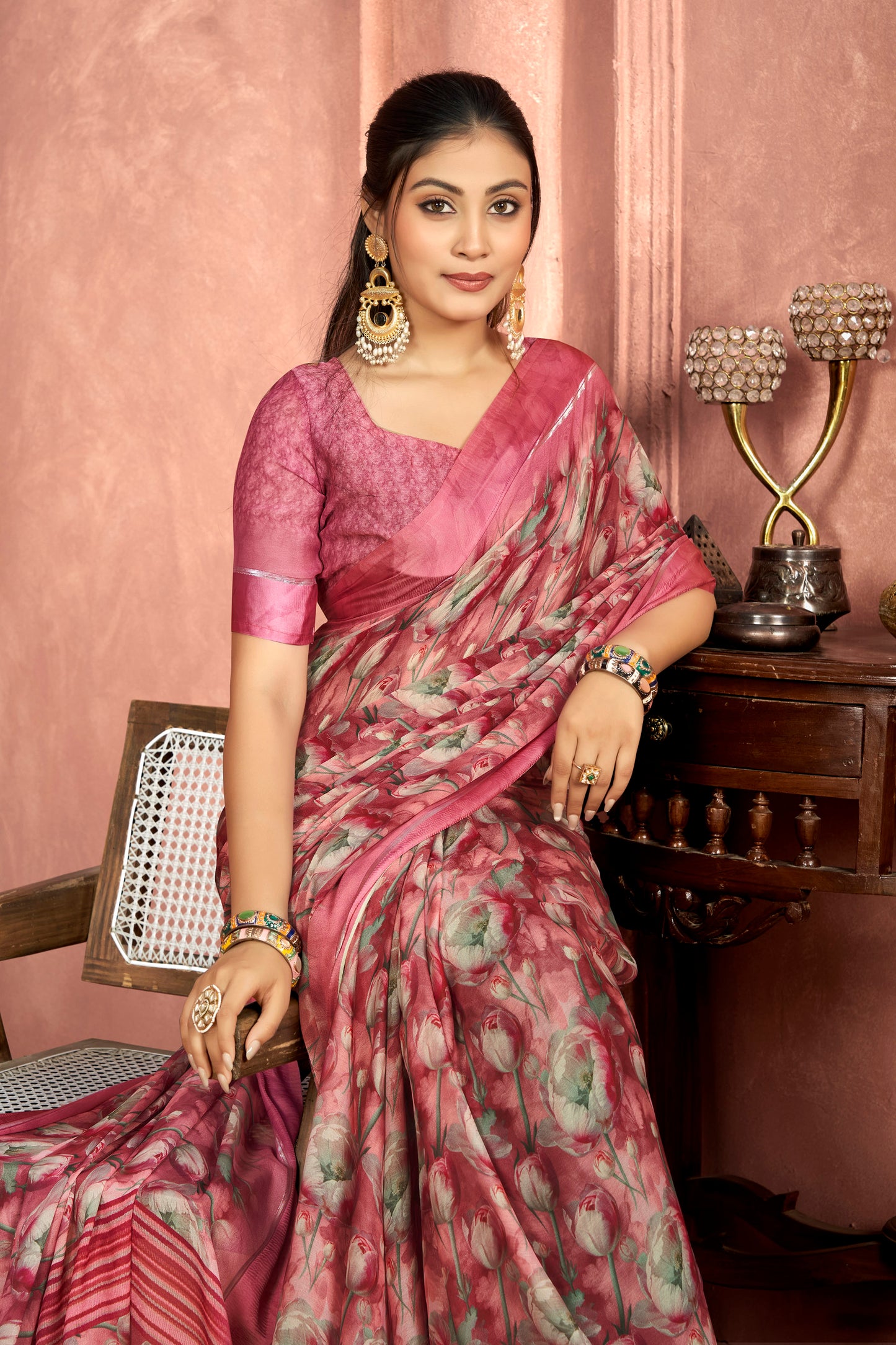 Samriddhi – Rose Brown Moss Georgette Digital Print Saree with Satin Patta Border