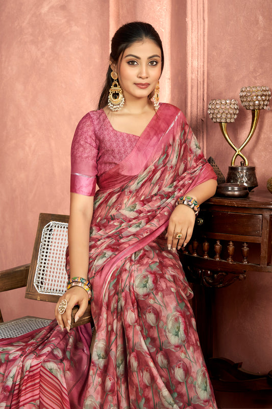 Samriddhi – Rose Brown Moss Georgette Digital Print Saree with Satin Patta Border