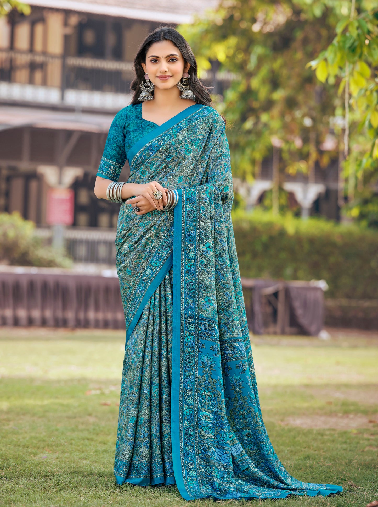 Rajkala - Sea Blue Printed Crepe Silk Saree