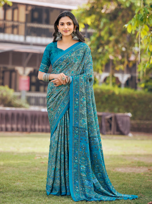 Rajkala - Sea Blue Printed Crepe Silk Saree