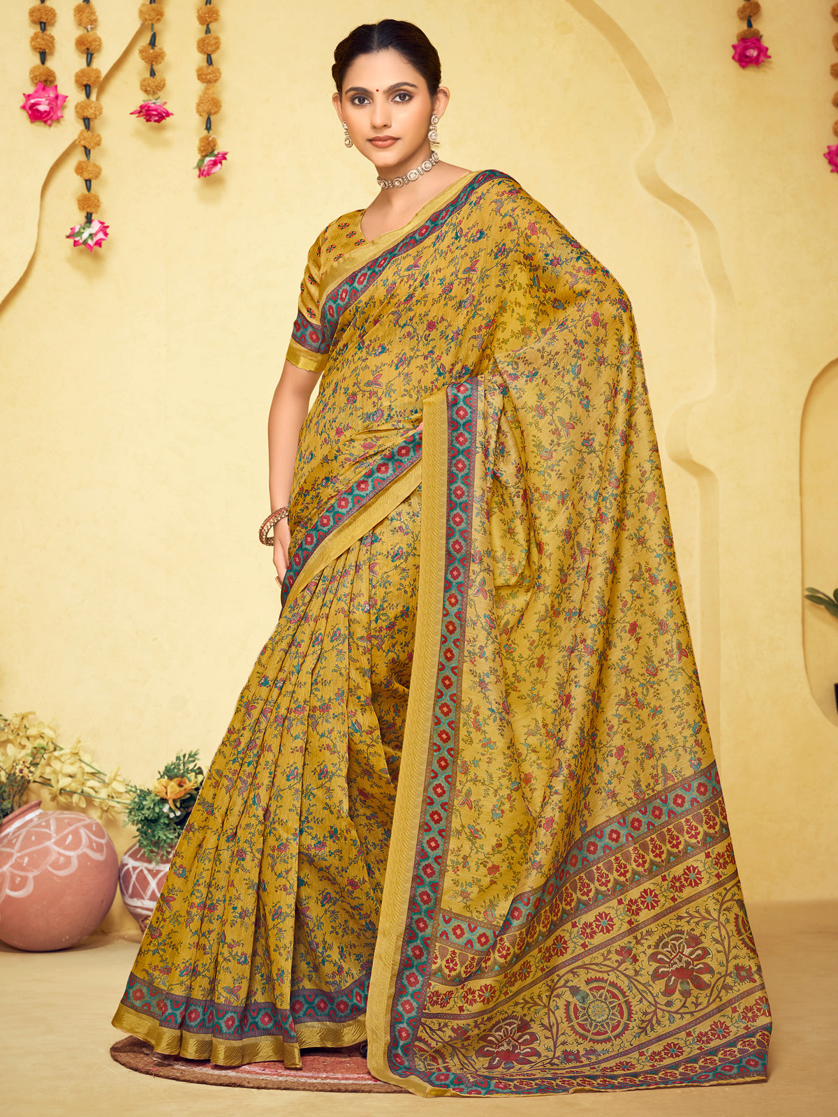 Amrapali - Yellow Chanderi Cotton Digital Printed Saree with Zari Border