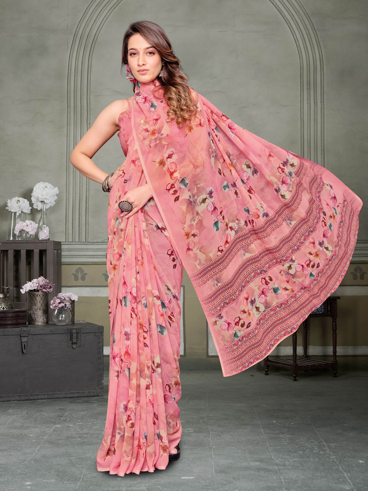 Riddhi - Baby Pink Georgette Floral Digital Printed Saree