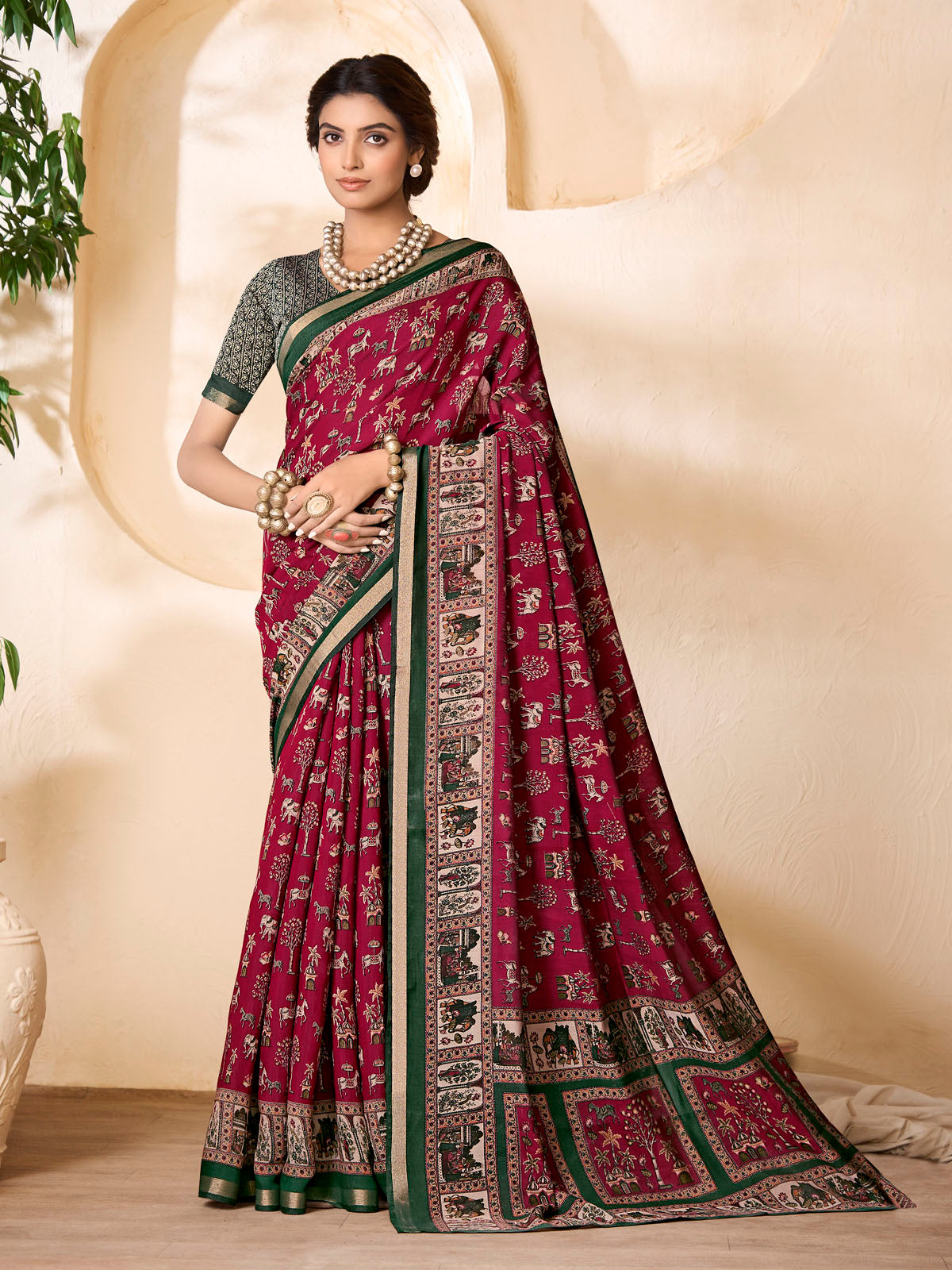 Monalisa - Red Chanderi Cotton Printed Saree with Classic Folk Art Print
