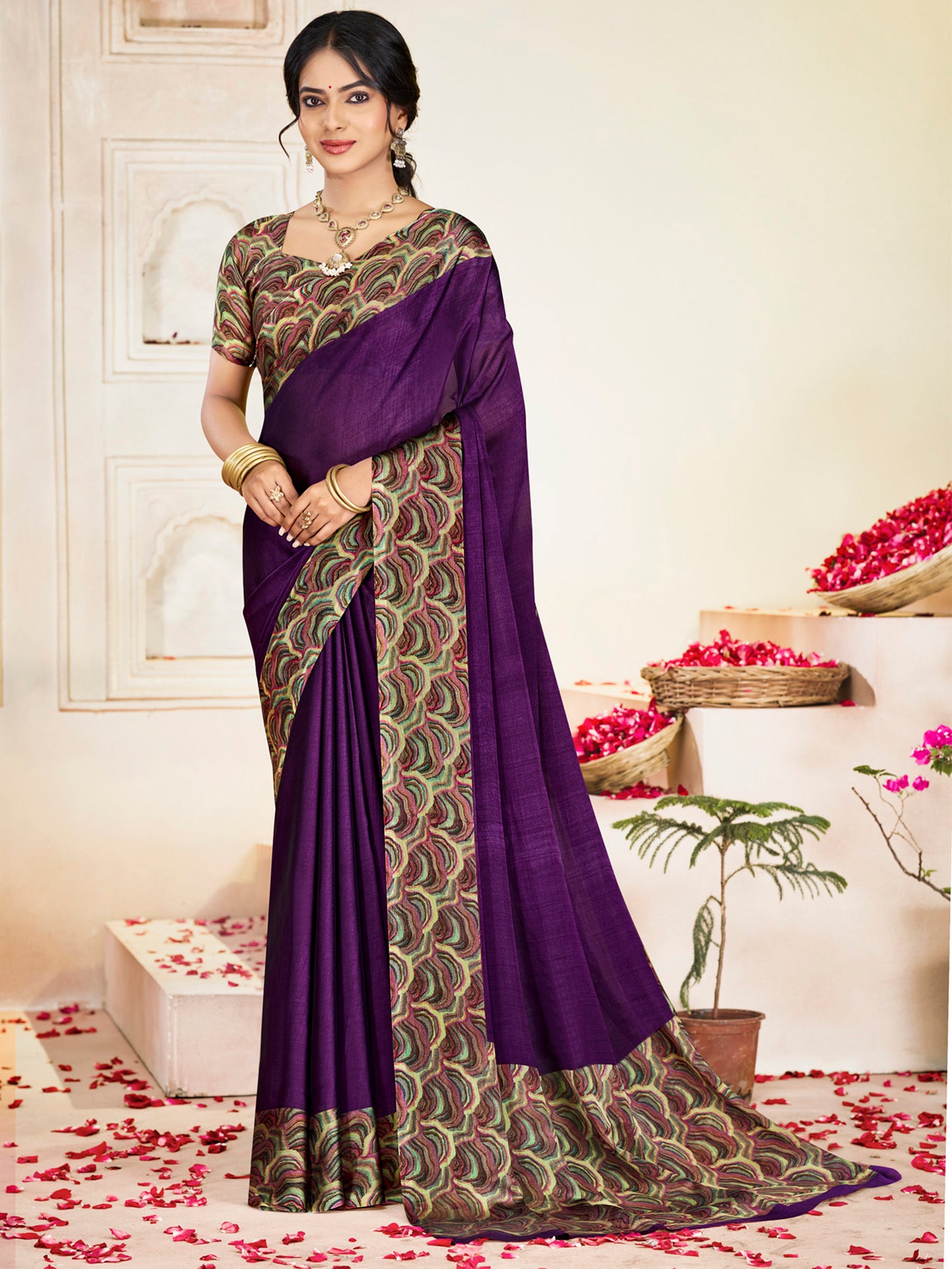 Ekvarna - Purple Printed Chiffon Saree