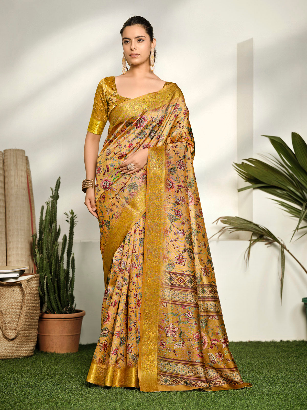 Varnika - Golden Digital Printed Moss Georgette Saree with Woven Border