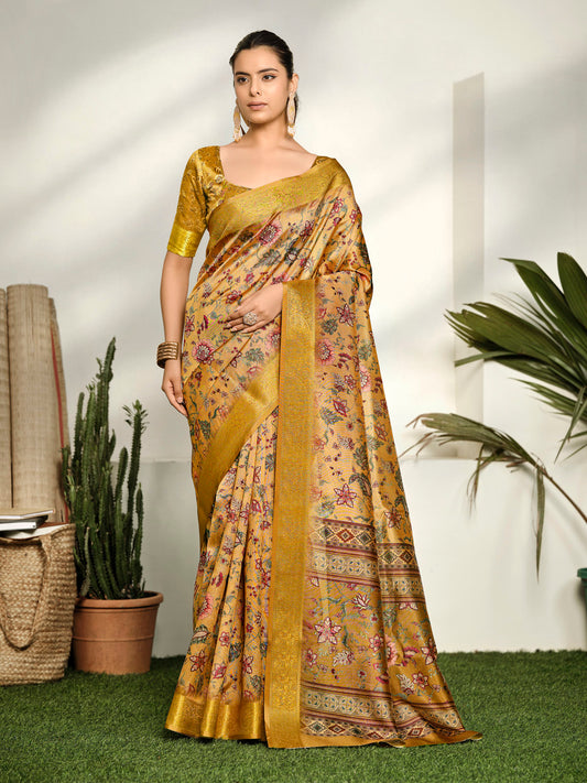 Varnika - Golden Digital Printed Moss Georgette Saree with Woven Border