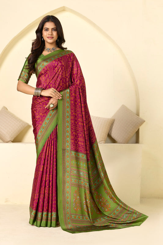 Rajkala - Purple Floral Printed Crepe Silk Saree
