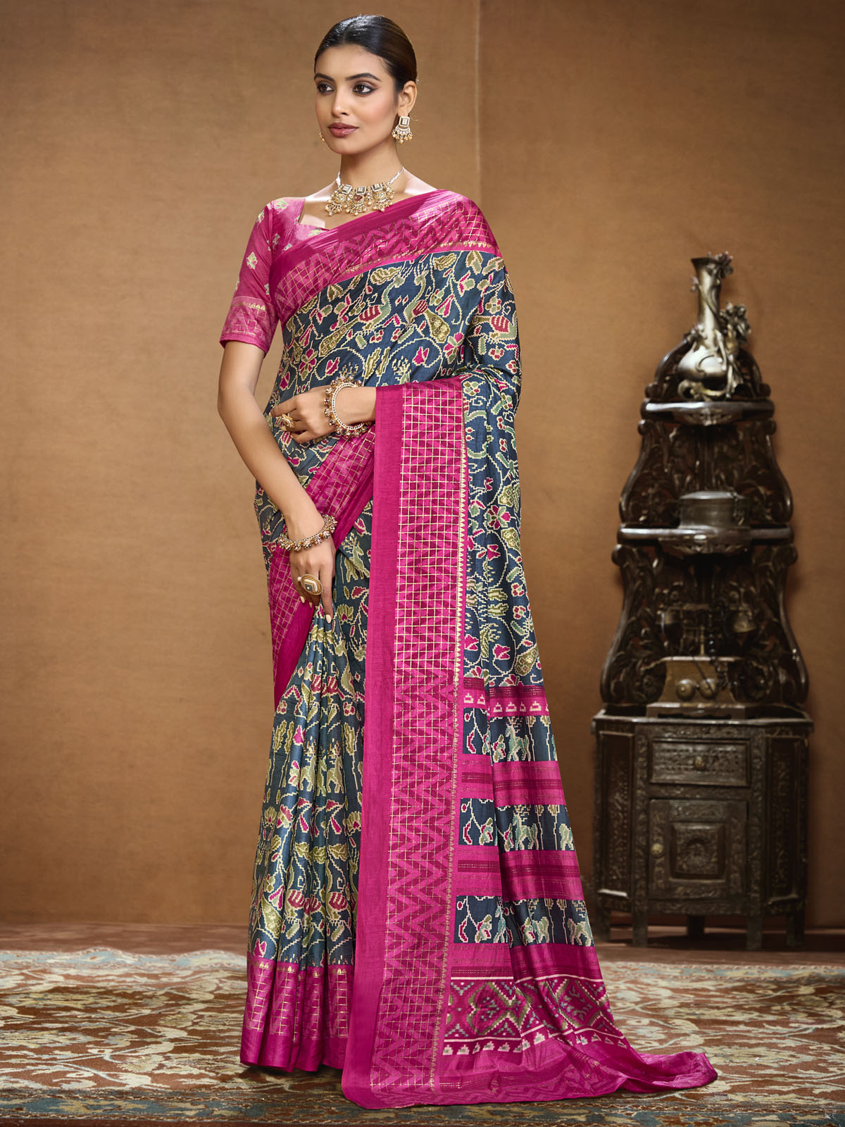 Sentosa - Blue Patola Silk Printed Saree with Figure Print