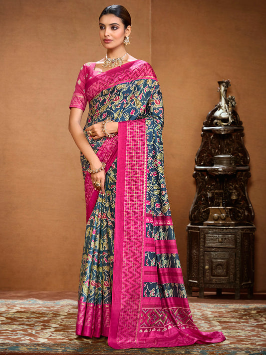 Sentosa - Blue Patola Silk Printed Saree with Figure Print