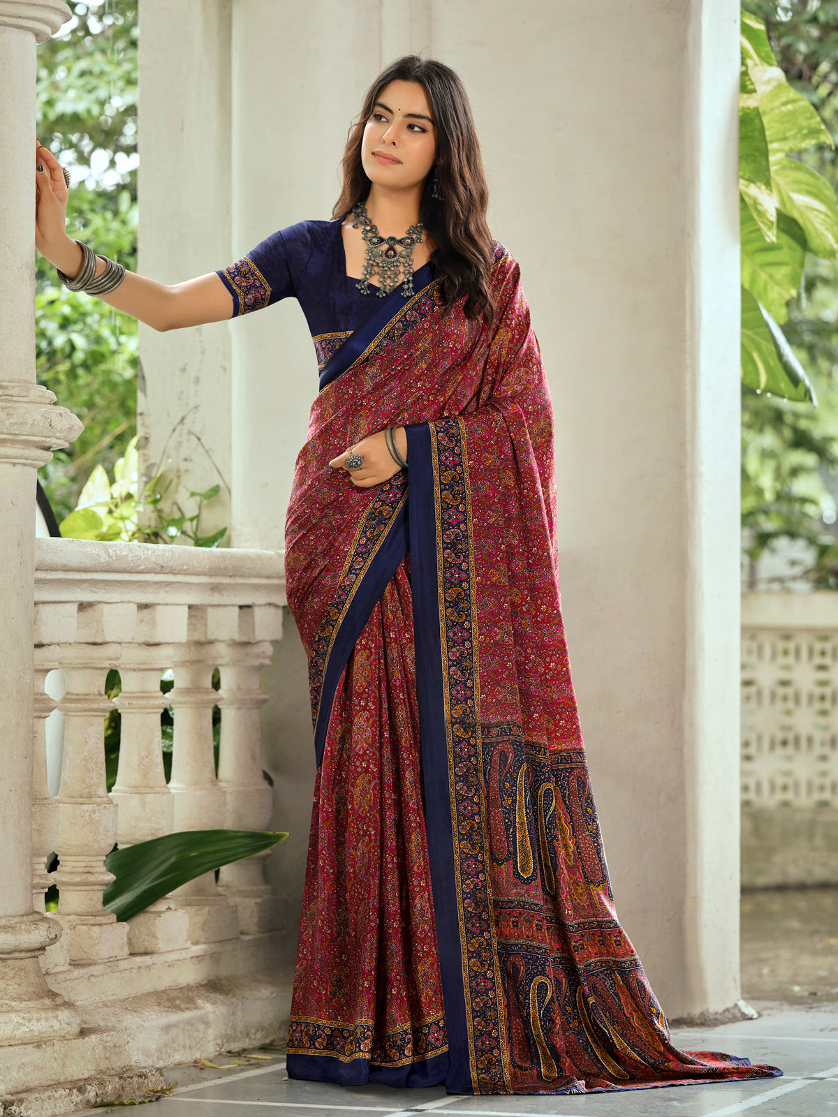 Rajkala - Maroon Printed Crepe Silk Saree