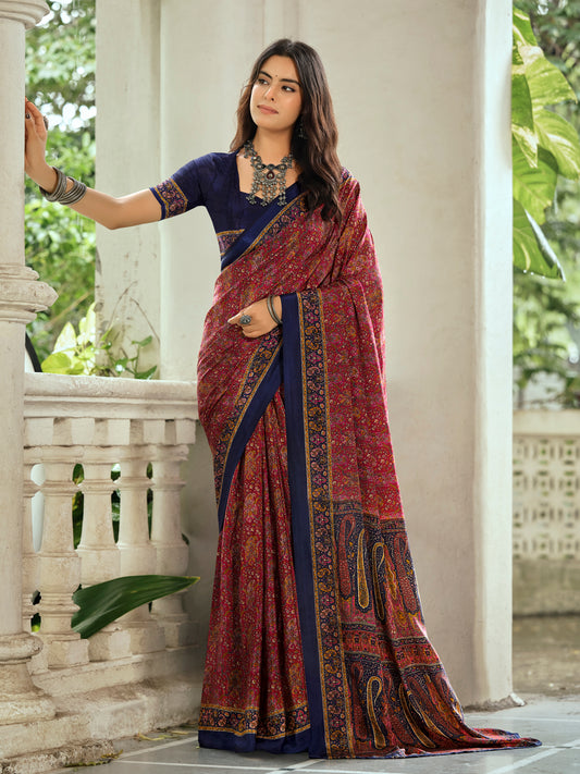Rajkala - Maroon Printed Crepe Silk Saree