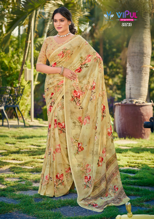 Riddhi - Lime Green Georgette Floral Digital Printed Saree