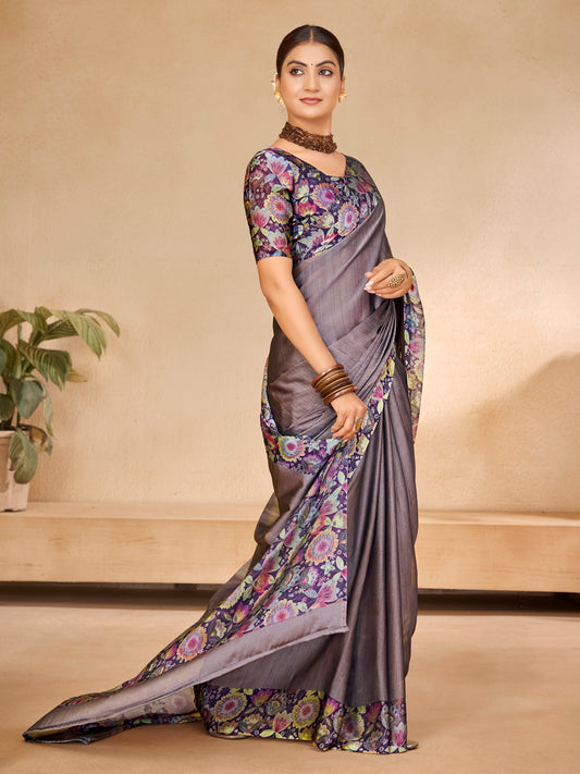 Ekvarna - Grey Printed Chiffon Saree