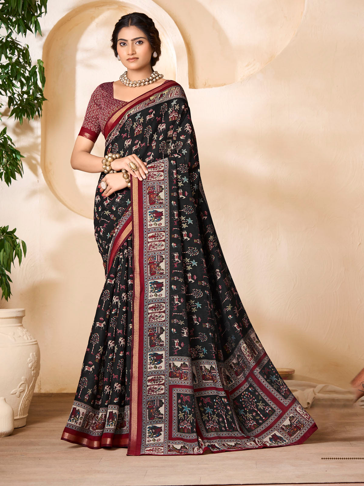Monalisa - Black Chanderi Cotton Printed Saree with Classic Folk Art Print