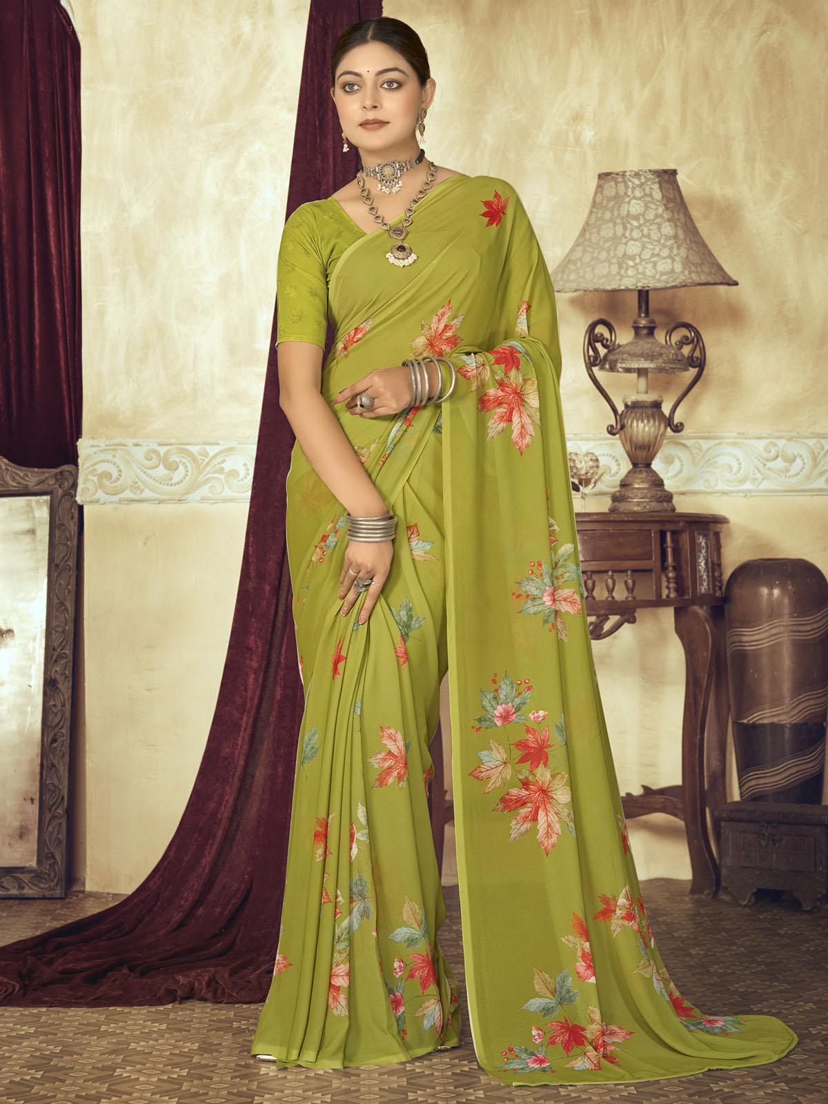 Riddhi - Green Georgette Floral Digital Printed Saree