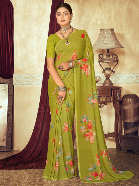 Riddhi - Green Georgette Floral Digital Printed Saree