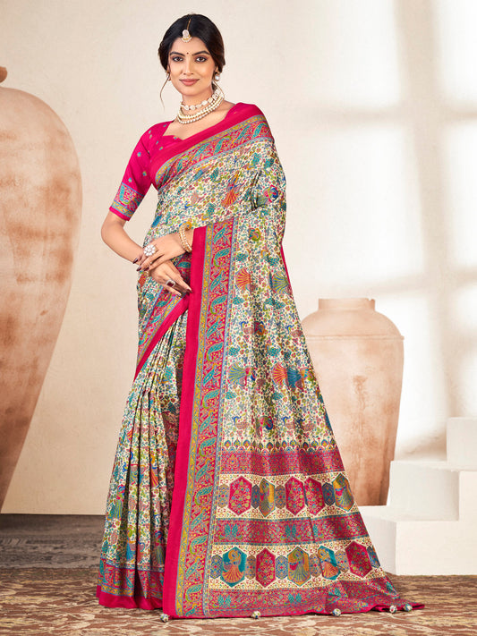 Kumuda - Cream Mysore Silk Jari Printed with Tessals