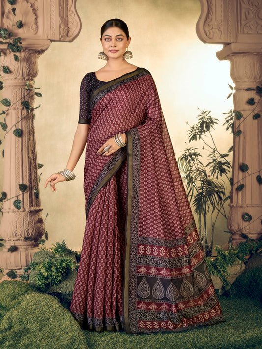 Amrapali - Red Chanderi Cotton Digital Printed Saree with Zari Border