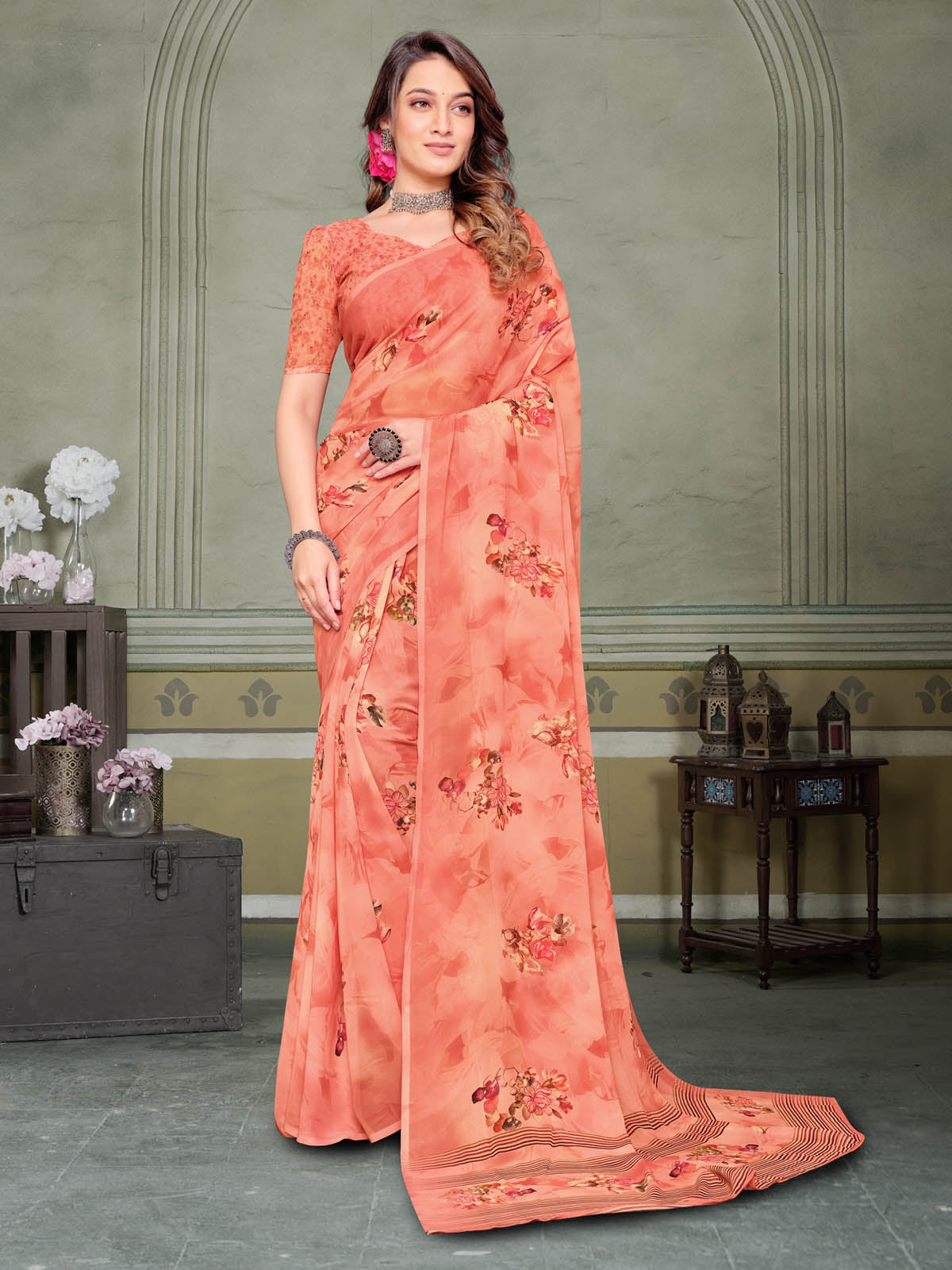 Riddhi - Coral Georgette Floral Digital Printed Saree