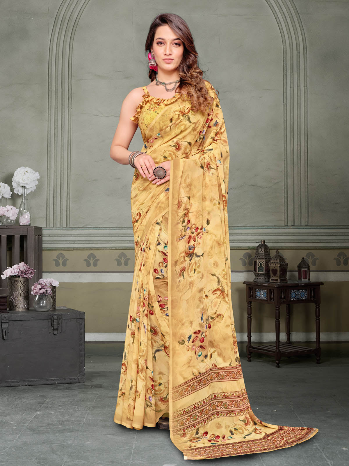 Riddhi - Yellow Georgette Floral Digital Printed Saree
