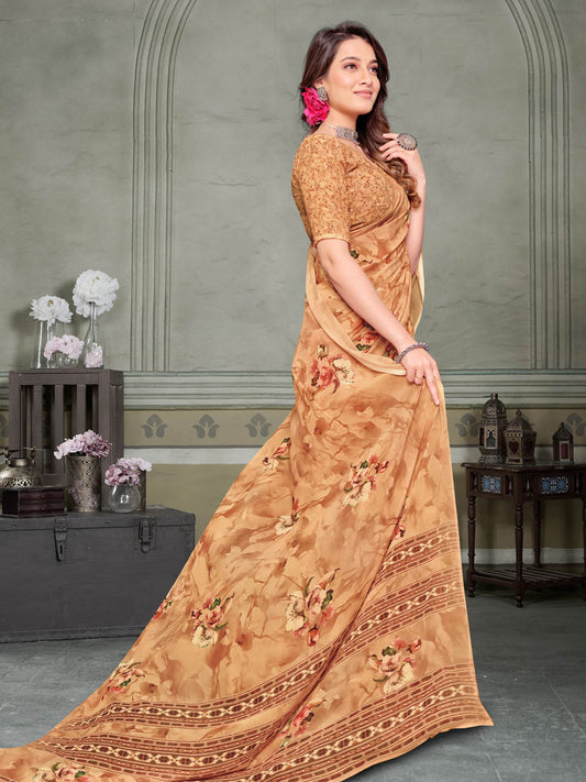 Riddhi - Sandy Brown Georgette Floral Digital Printed Saree