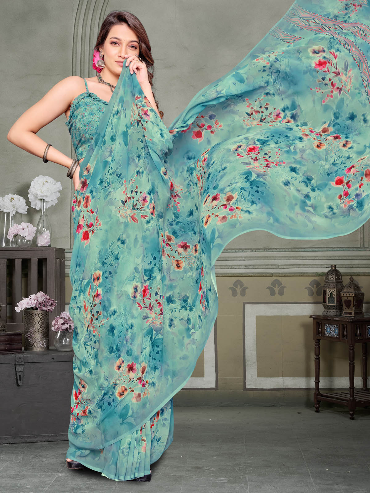 Riddhi - Turquoise Georgette Floral Digital Printed Saree