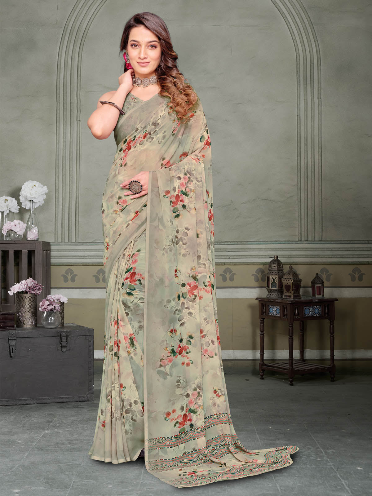 Riddhi - Sea Green Georgette Floral Digital Printed Saree