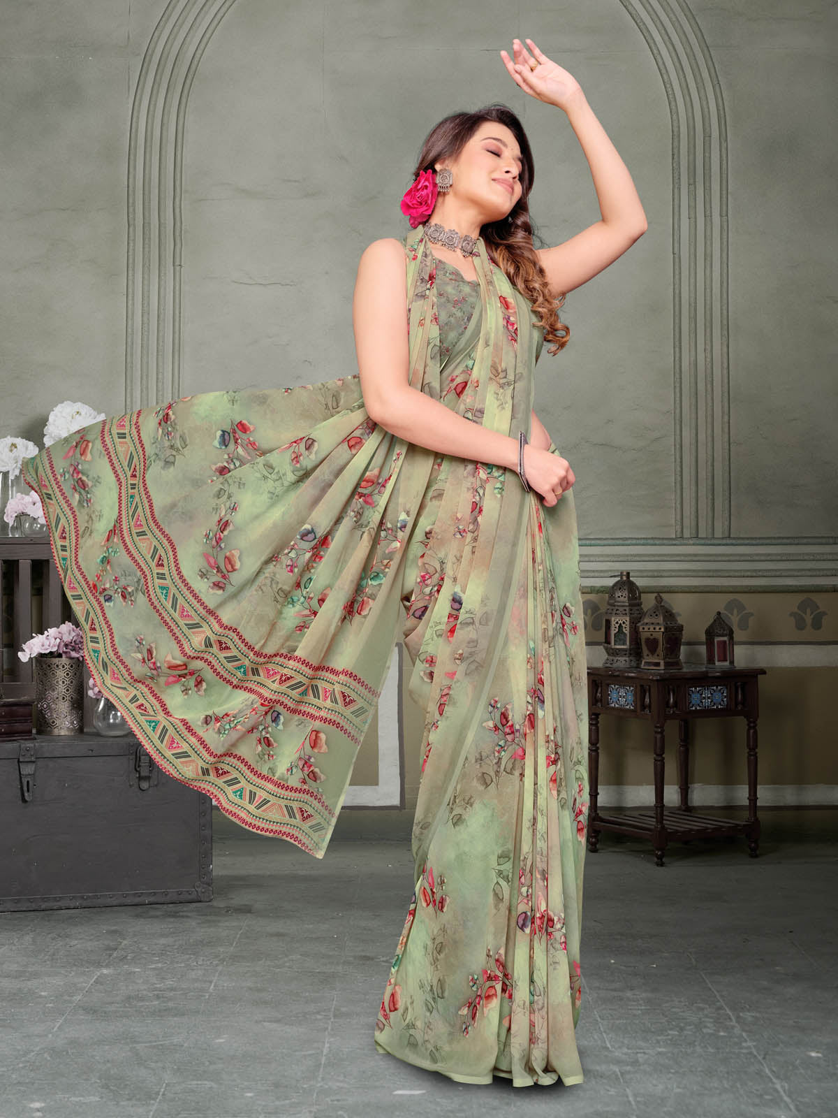 Riddhi - Green Georgette Floral Digital Printed Saree