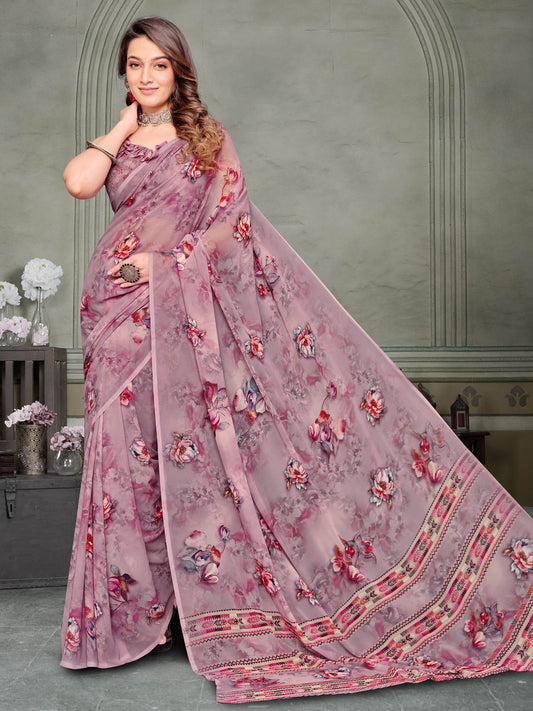 Riddhi - Mauve Georgette Floral Digital Printed Saree