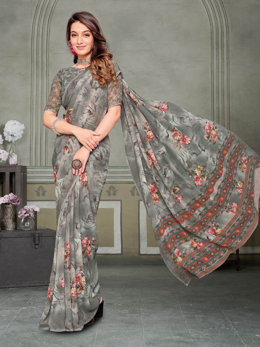 Riddhi - Grey Georgette Floral Digital Printed Saree