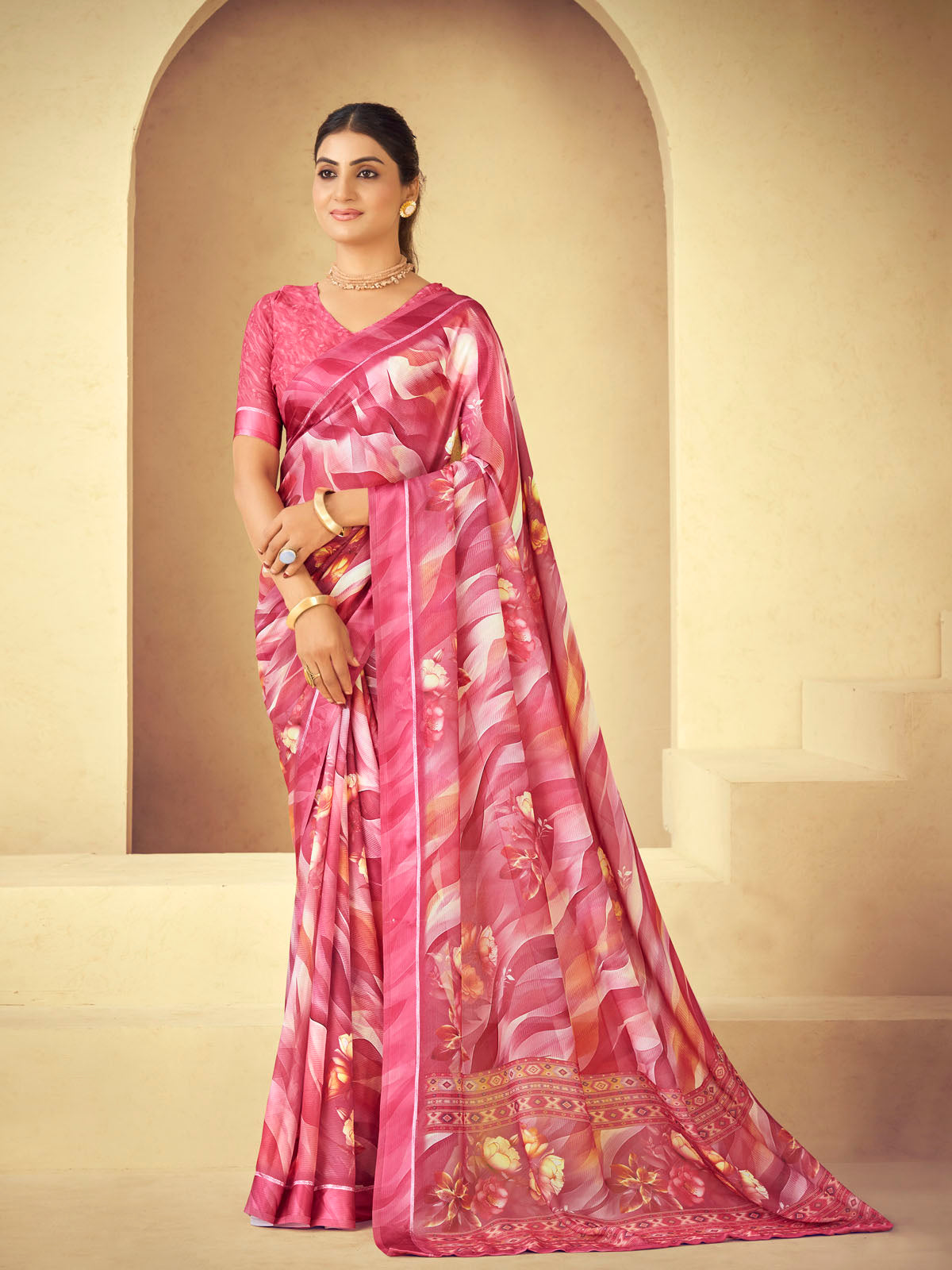 Samriddhi - Pink Moss Georgette Digital Print Saree with Satin Patta Border
