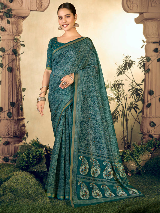 Amrapali - Teal Chanderi Cotton Digital Printed Saree with Zari Border