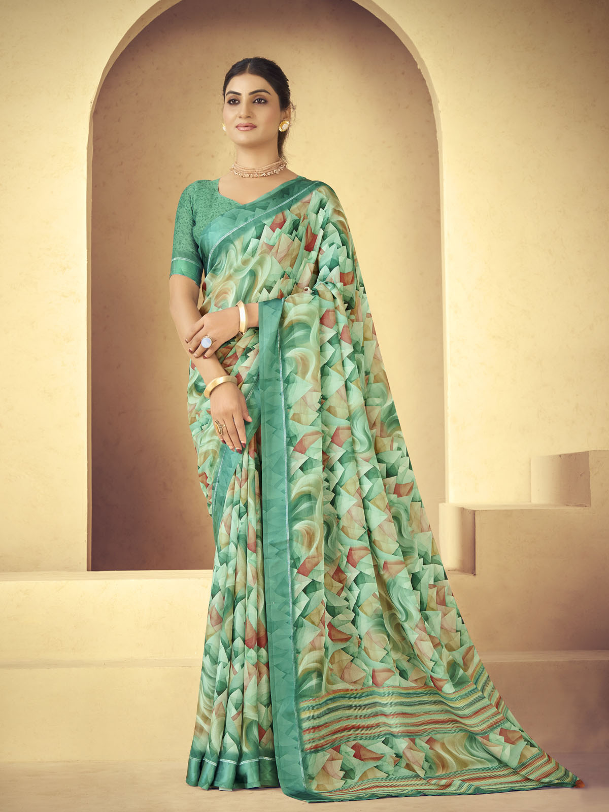 Samriddhi - Sea Green Moss Georgette Digital Print Saree with Satin Patta Border